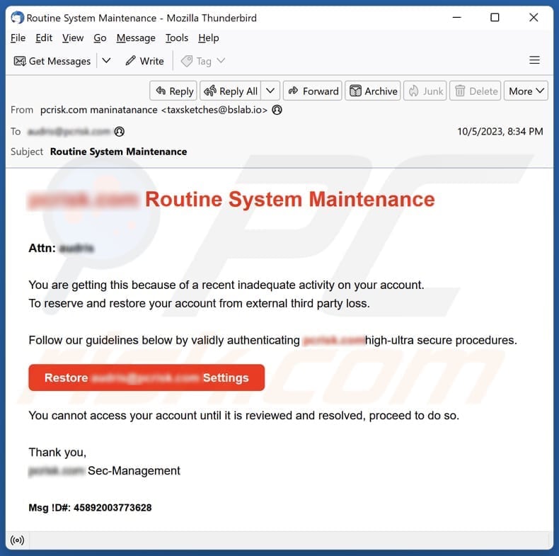 Campanha de email spam de Routine System Maintenance
