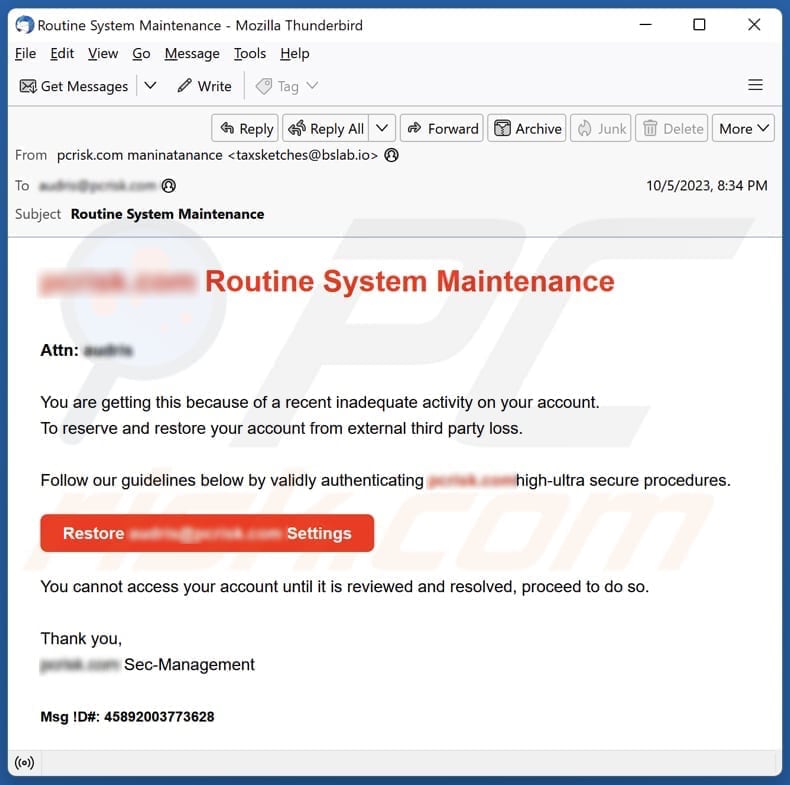 Campanha de email spam de Routine System Maintenance