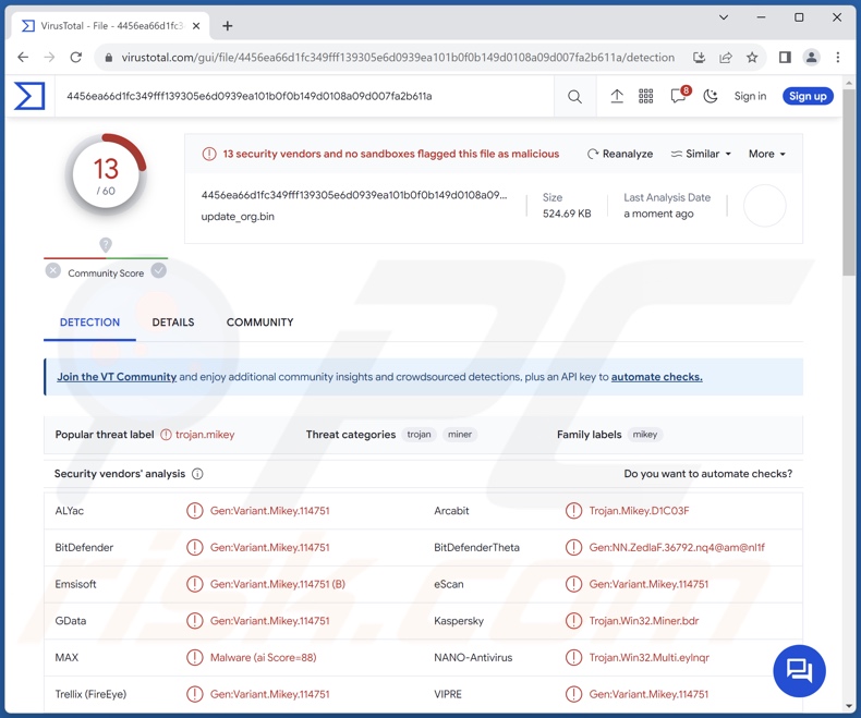 Detecções do malware StripedFly no VirusTotal