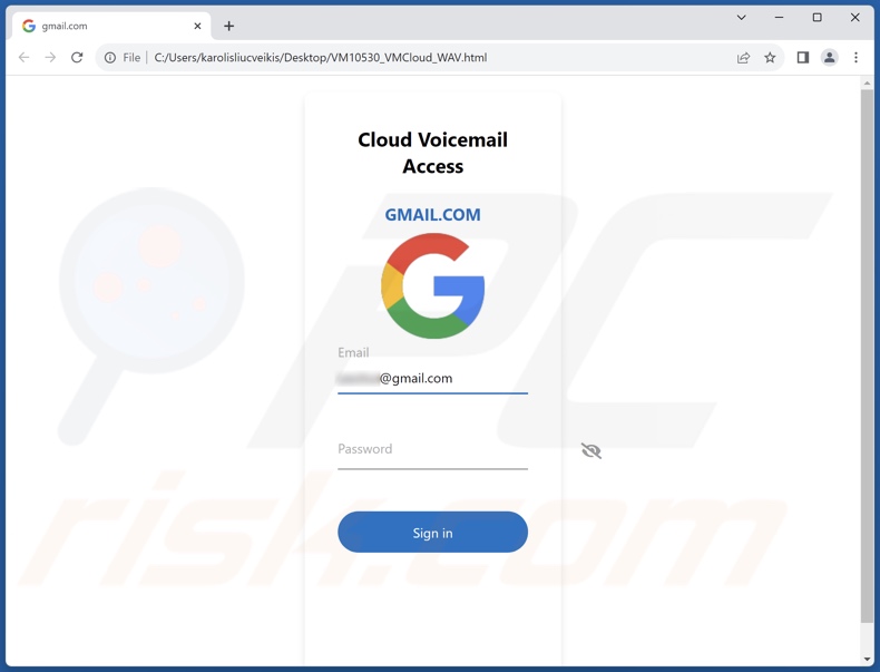 email fraudulento promovido pelo ficheiro de phishing Voicemail Message Received (VM10530_VMCloud_WAV.html)