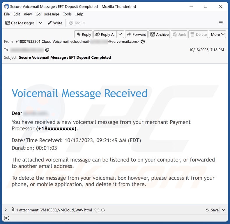 campanha de spam por email Voicemail Message Received
