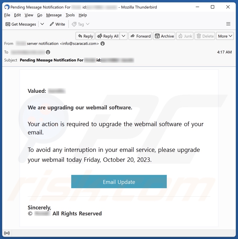 campanha de spam por email Webmail Software Upgrade