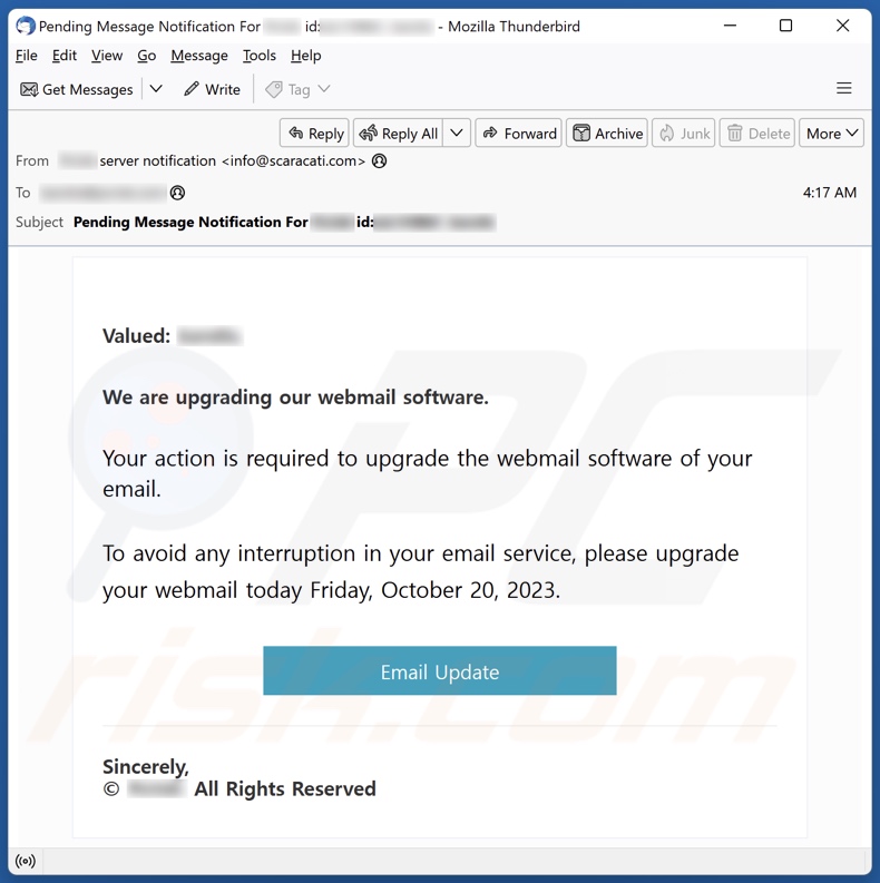 campanha de spam por email Webmail Software Upgrade