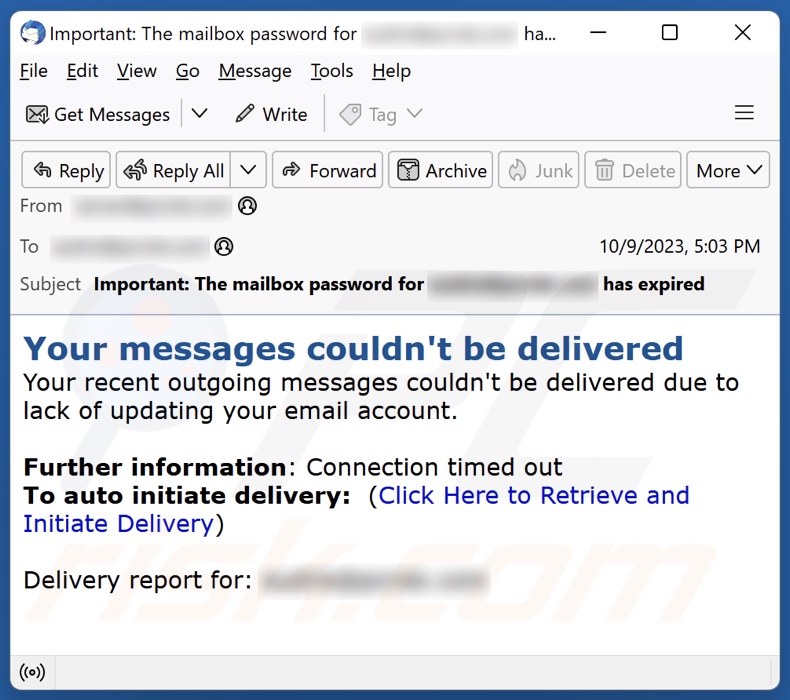 campanha de spam por email Your Messages Couldn't Be Delivered