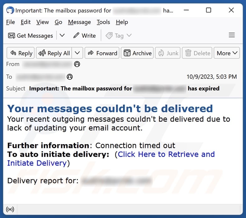 campanha de spam por email Your Messages Couldn't Be Delivered