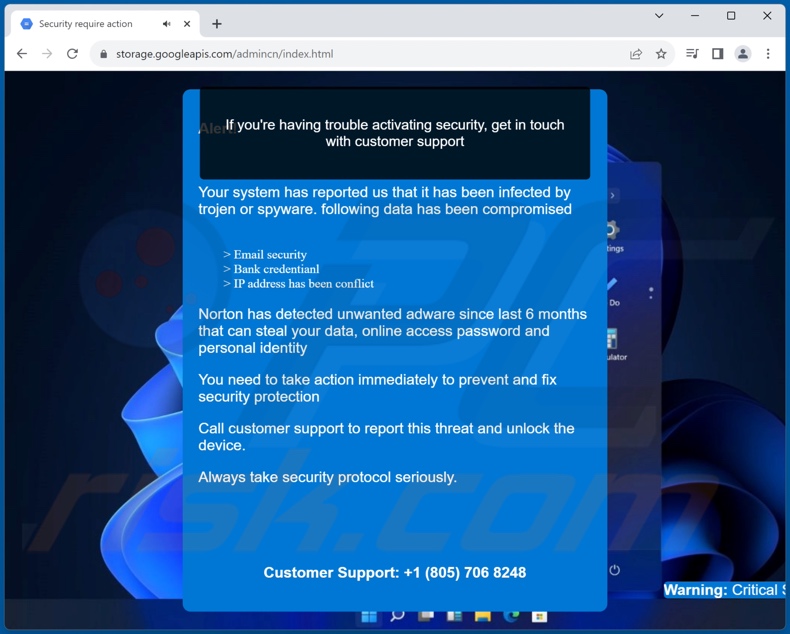 Segunda janela pop-up apresentada por Your Security Is Not Up-To-Date fraude