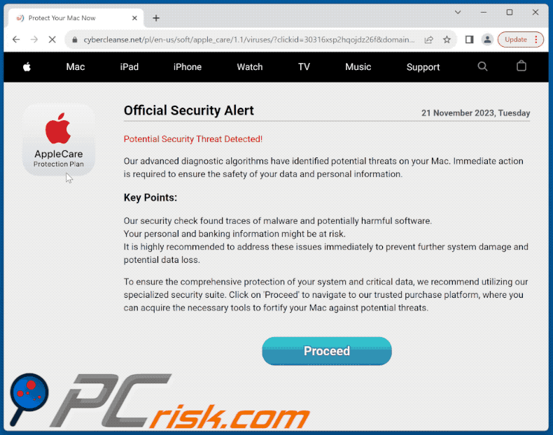 Aparência da fraude AppleCare - Official Security Alert (GIF)
