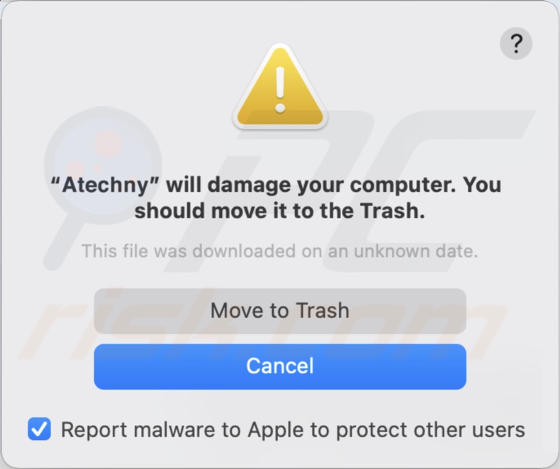 Pop-up apresentado quando o adware Atechny é detectado no sistema