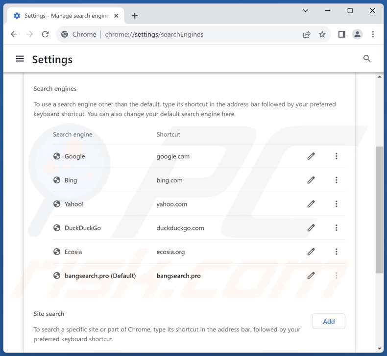 Remoção do bangsearch.pro do motor de pesquisa pré-definido do Google Chrome