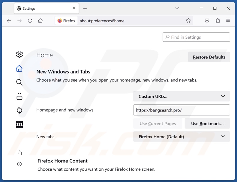 Remoção do bangsearch.pro da página inicial do Mozilla Firefox