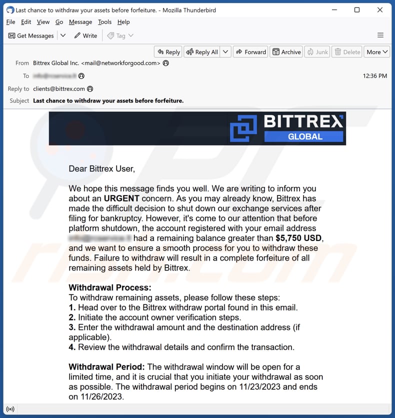Campanha de spam por email do Bittrex