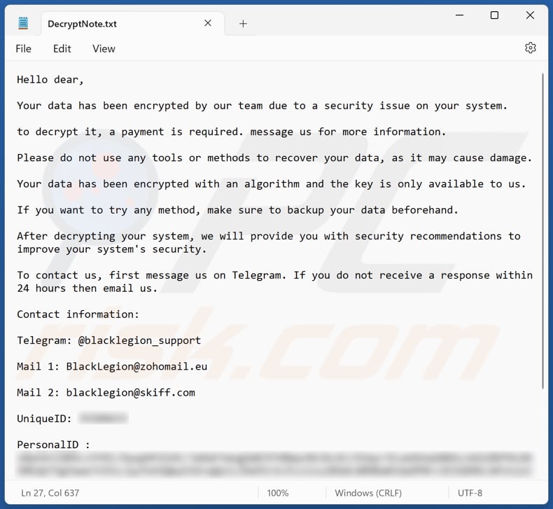 Ficheiro de texto do ransomware BlackLegion (DecryptNote.txt)