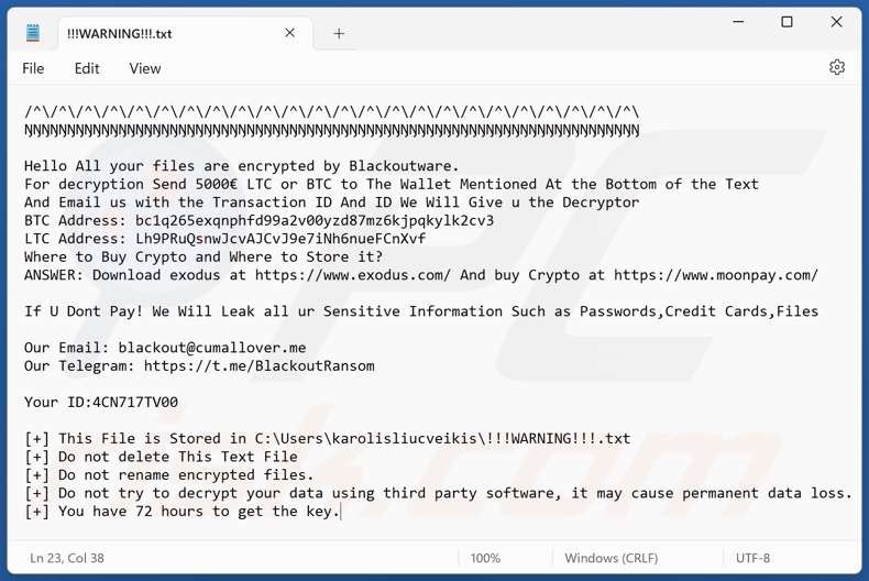 Nota de resgate do ransomware Blackoutware (!!!WARNING!!!.txt)