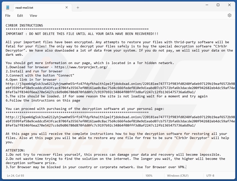 Nota de resgate do ransomware C3RB3R (read-me3.txt)
