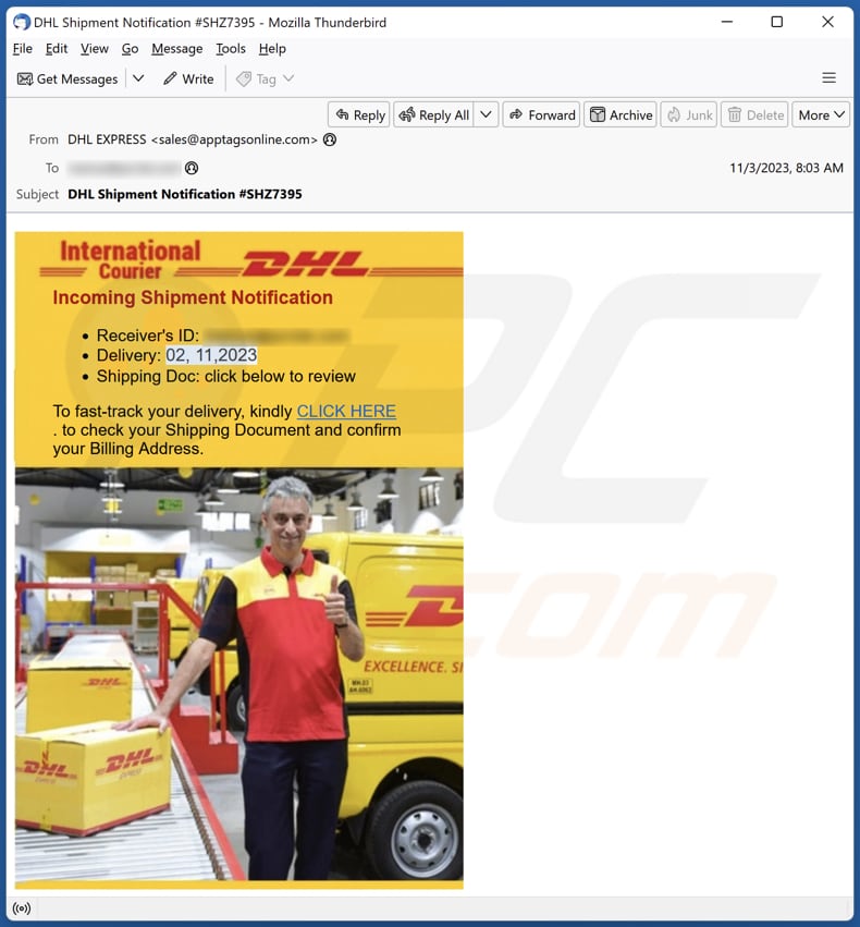 DHL - Incoming Shipment Notification campanha de spam por correio eletrónico
