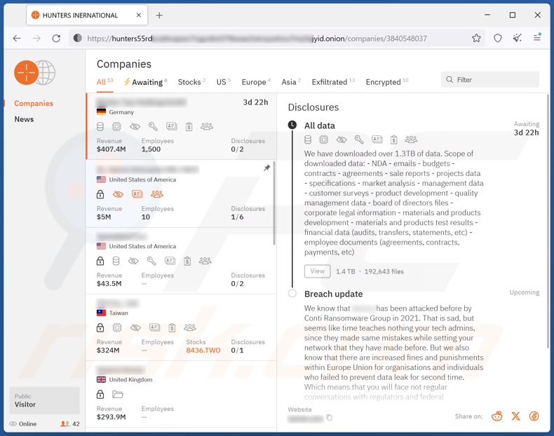 Site de fuga de dados do ransomware Hunters International