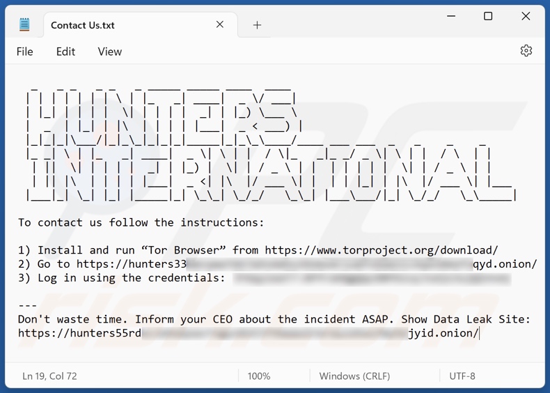 Nota de resgate do ransomware do Hunters International (Contact Us.txt)