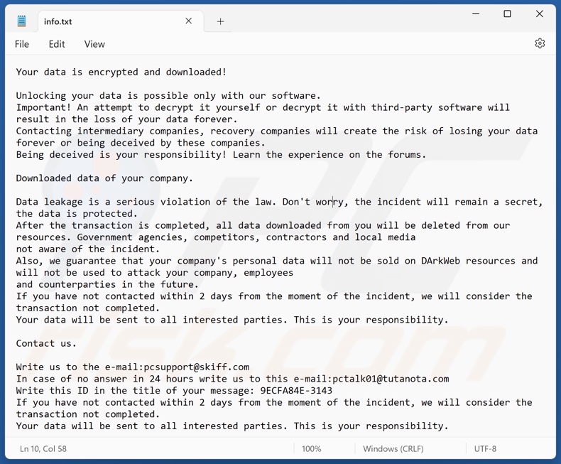 Ficheiro de texto do ransomware LEAKDB (info.txt)