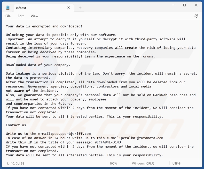 Ficheiro de texto do ransomware LEAKDB (info.txt)