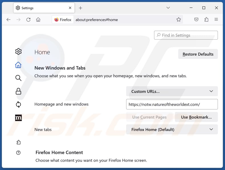 Remoção do notw.natureoftheworldext.com da página inicial do Mozilla Firefox