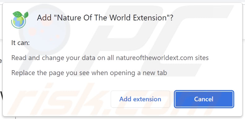 Permissões pedidas pelo sequestrador de navegador Nature Of The World Extension