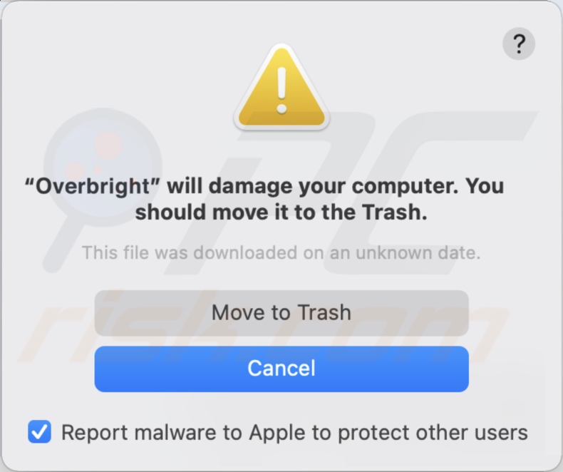 Pop-up apresentado quando o adware Overbright é detectado no sistema