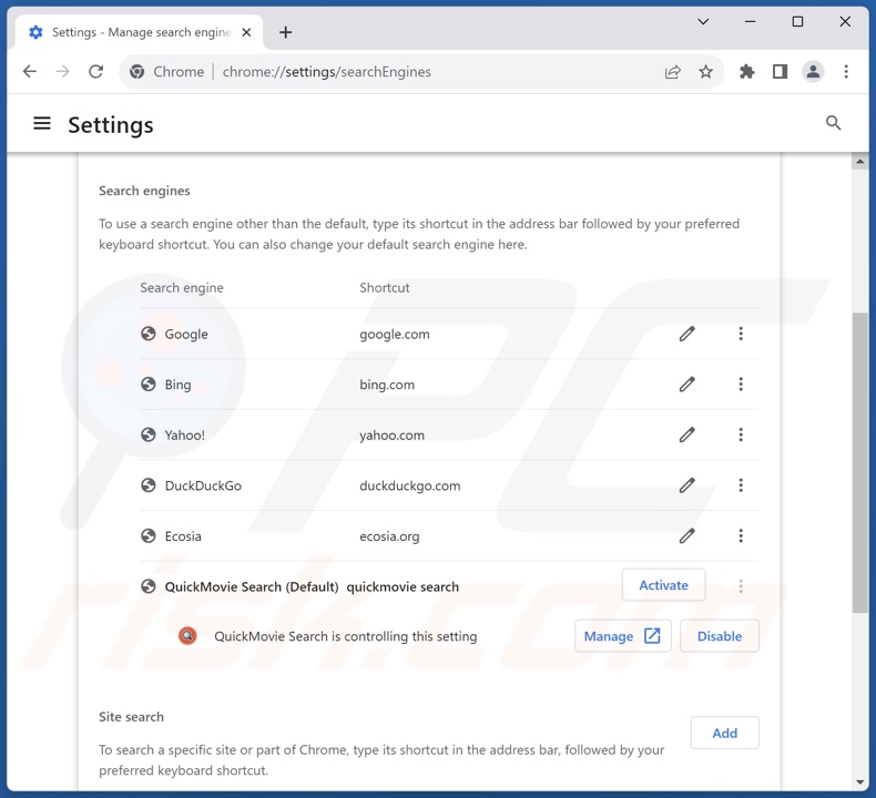 Remoção do search.quickmovietab.com do motor de pesquisa padrão do Google Chrome