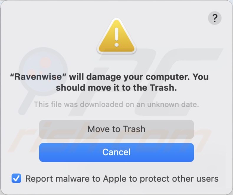 Pop-up apresentado quando o adware Ravenwise é detectado no sistema