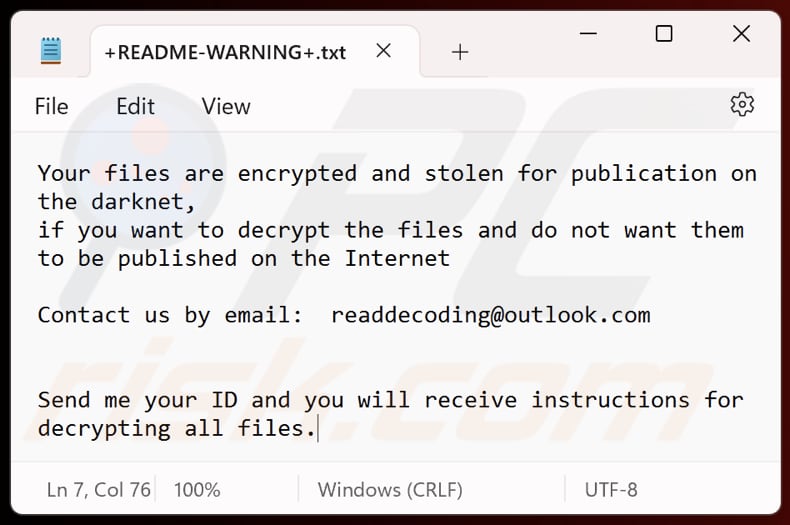 Ficheiro de texto do ransomware Read (+README-WARNING+.txt)