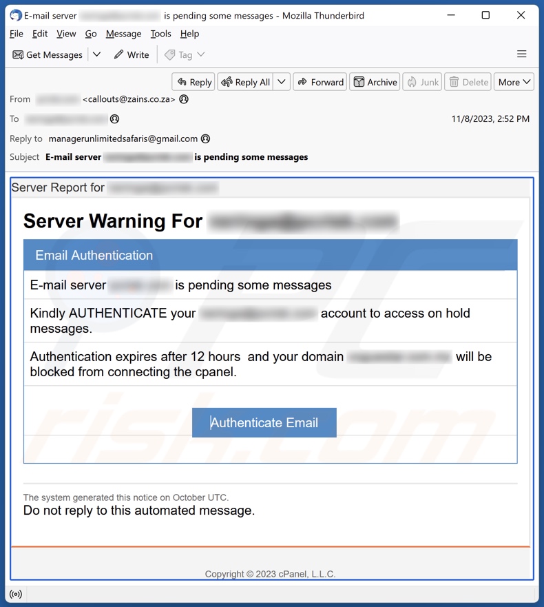 Campanha de spam por email Server Warning