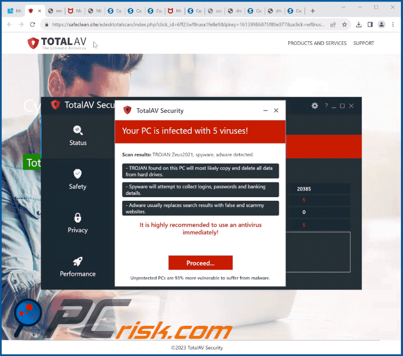 Aparência do TotalAV Security - O seu PC está infetado com 5 vírus! scam (GIF)