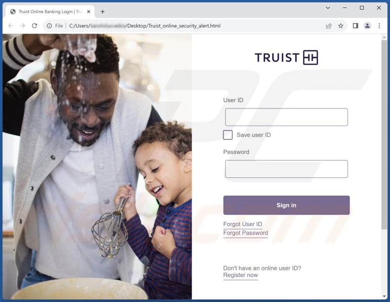 Documento HTML de phishing distribuído utilizando o Truist Online Banking Profile (amostra 1)