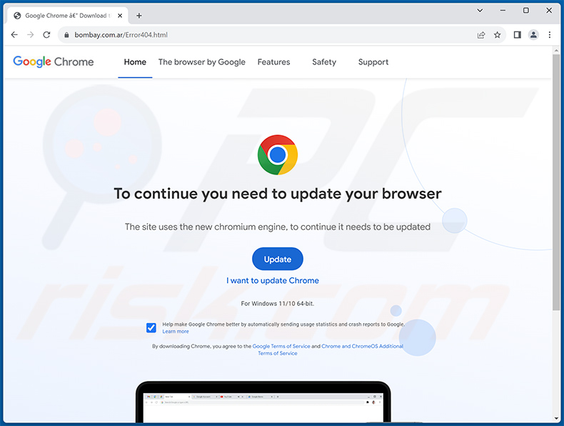 Site de disseminação do malware zgRAT que se apresenta como uma atualização do Google Chrome