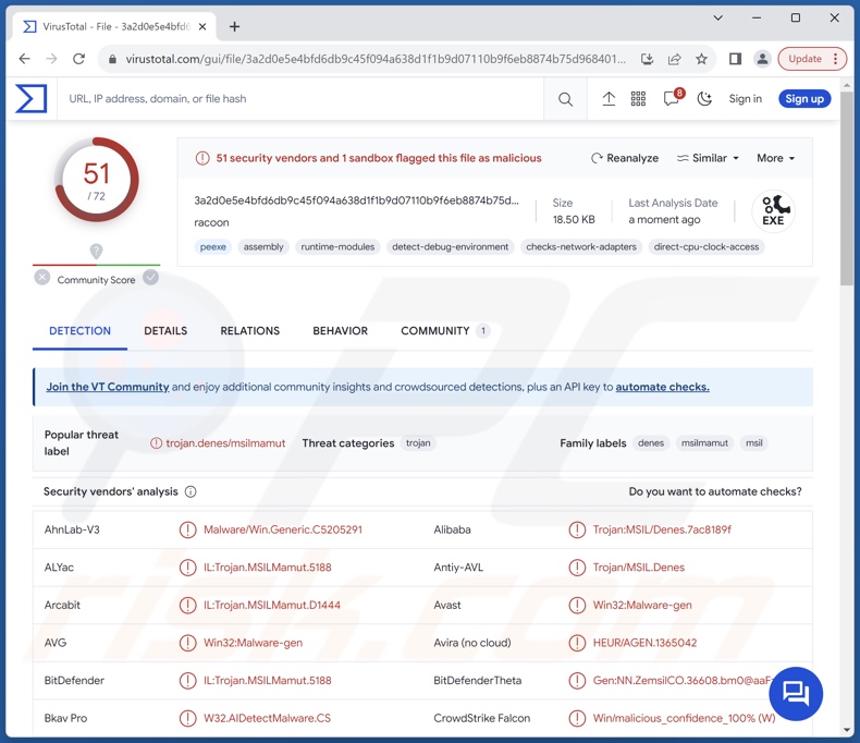 Detecções do malware Agent Racoon no VirusTotal