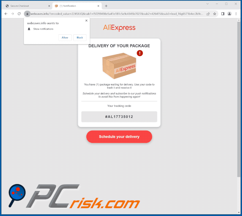 Fraude por email AliExpress Package promovida por sites de phishing (GIF)
