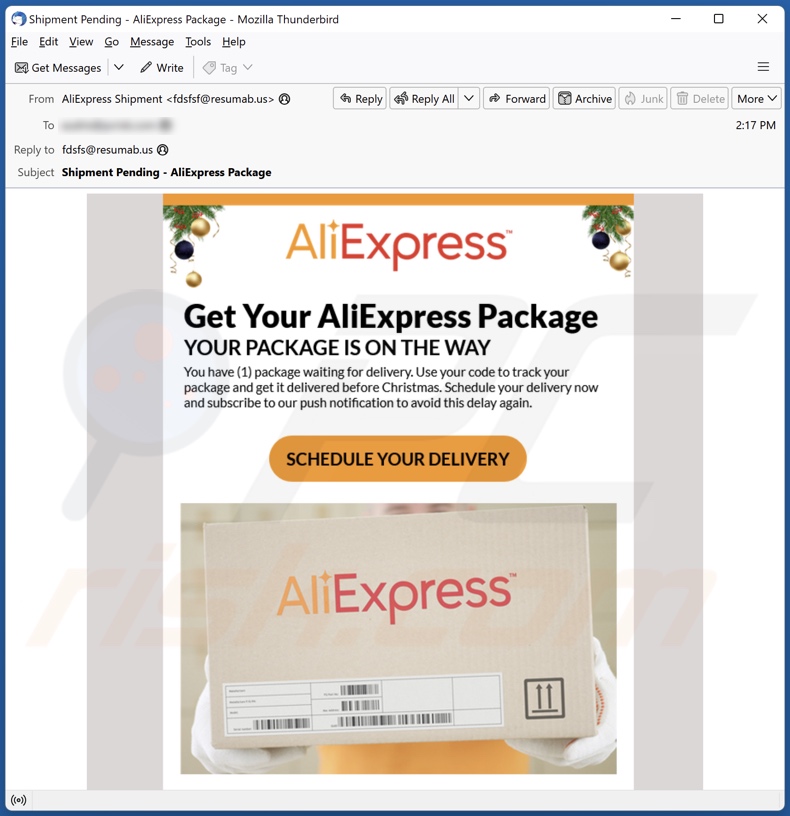 Campanha de spam por email do AliExpress Package