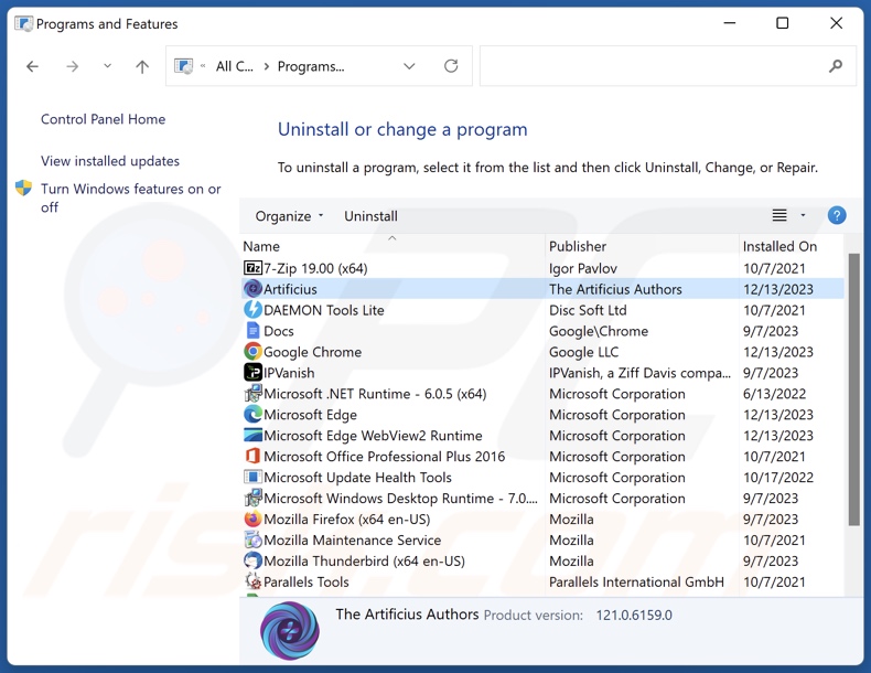 Desinstalação do navegador Artificius através do Painel de Controlo