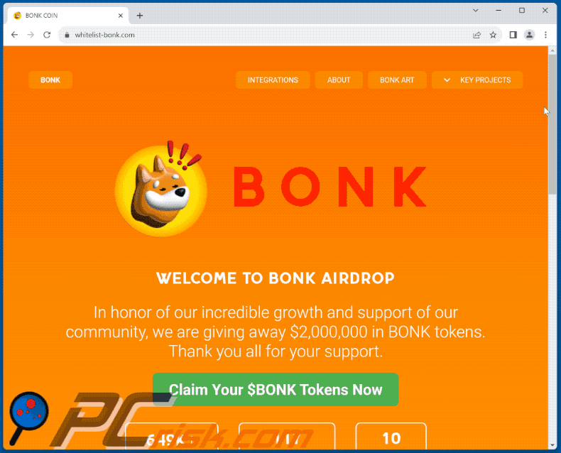 Aparência da fraude Bonk Coin Airdrop Giveaway (GIF)