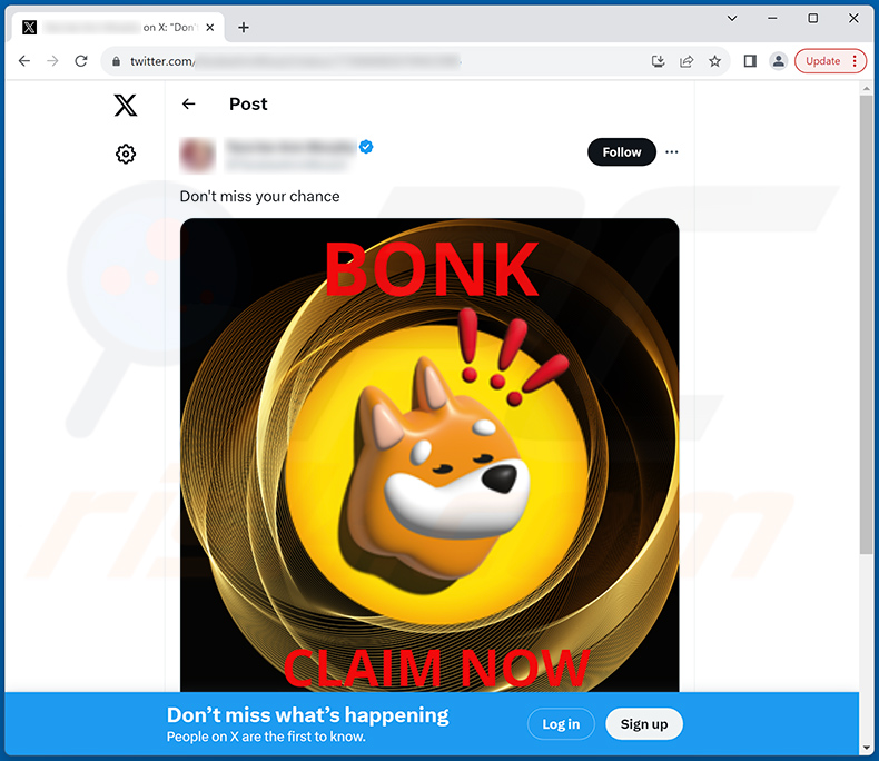 Publicação fraudulenta no Twitter (X) a promover a fraude Bonk Coin Airdrop Giveaway