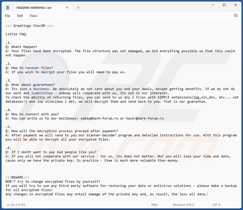 Ficheiro de texto do ransomware ChocVM (+README-WARNING+.txt)