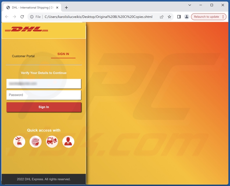 email fraudulento promovido pelo ficheiro de phishing DHL Express - Incomplete Delivery Address (Original BL CI Copies.shtml)