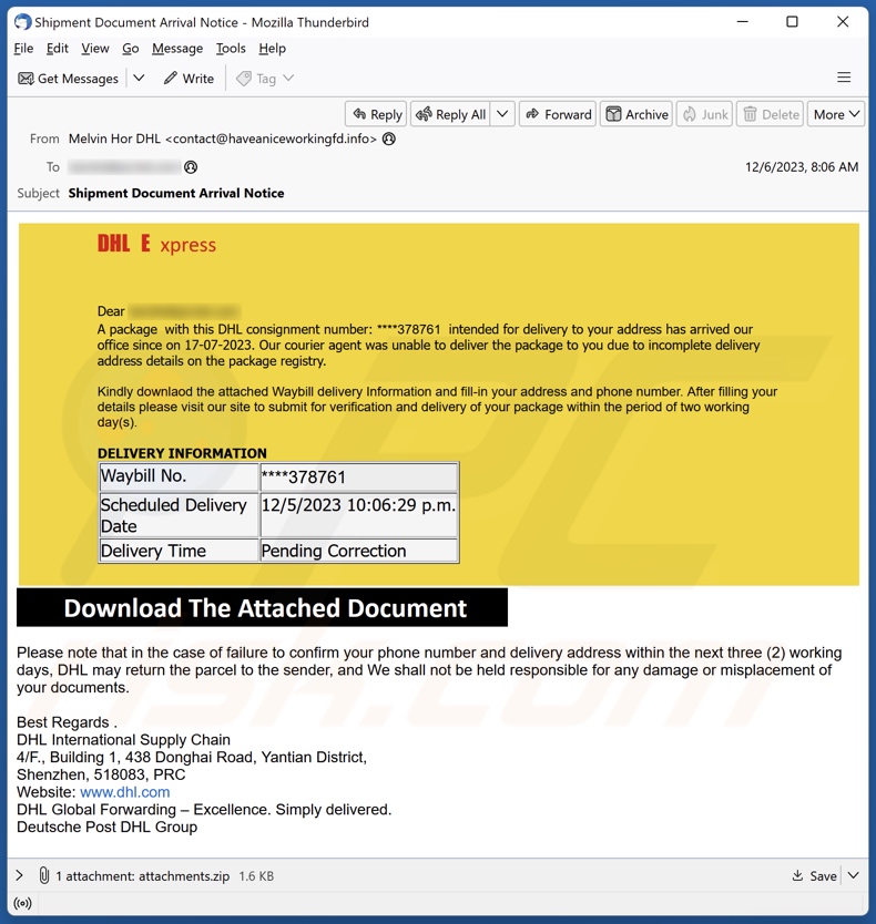campanha de spam por email DHL Express - Incomplete Delivery Address