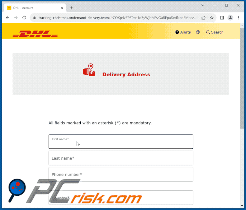Site de phishing promovido através da fraude de email DHL Unpaid Duty (GIF)