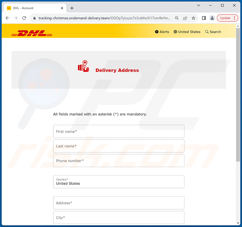 Site de phishing promovido através da fraude de email DHL Unpaid Duty (página 1)