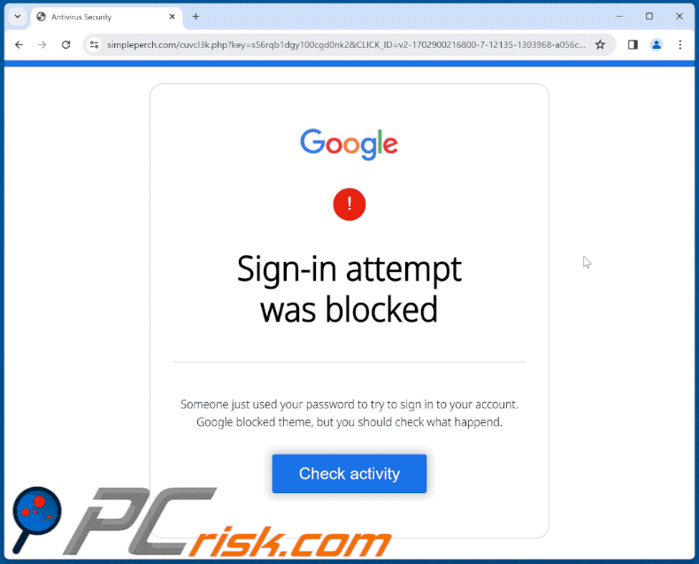 Aparência da fraude Google - Sign-in Attempt Was Blocked