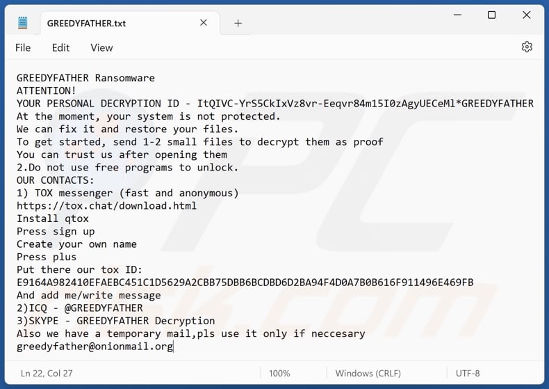 Nota de resgate do ransomware GREEDYFATHER (GREEDYFATHER.txt)