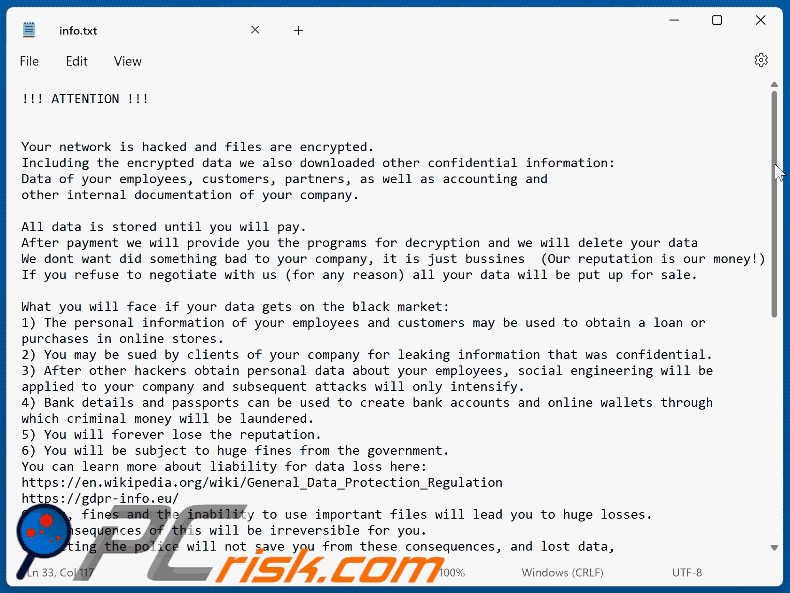 Aparência da nota de resgate do ransomware HuiVJope (info.txt)