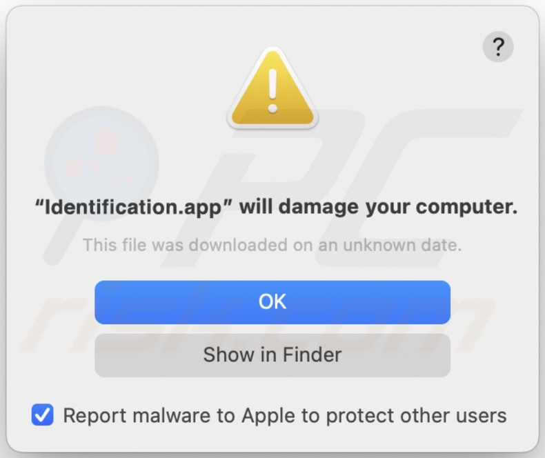 Pop-up apresentado quando o adware Identification.app é detectado no sistema