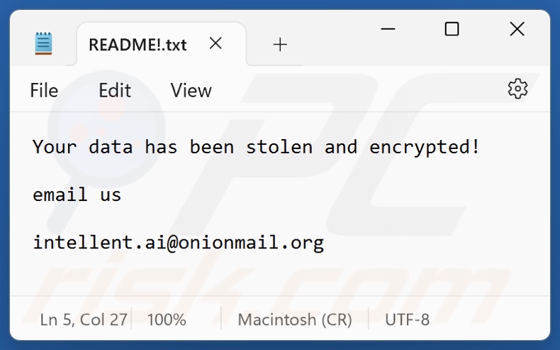 Ficheiro de texto do ransomware Intel (README!.txt)