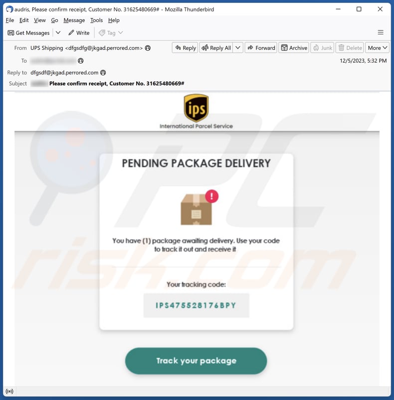 email de phishing IPS Pending Package Delivery
